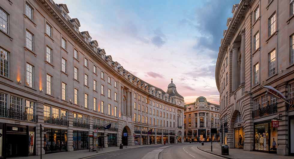 Sunset behind London's Regent Street
