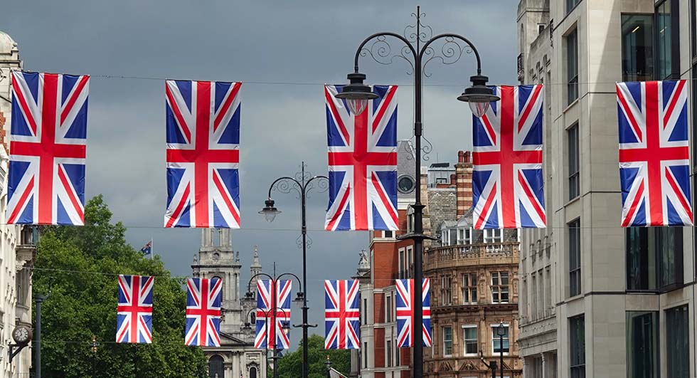 Union Jack flags hanging in London street