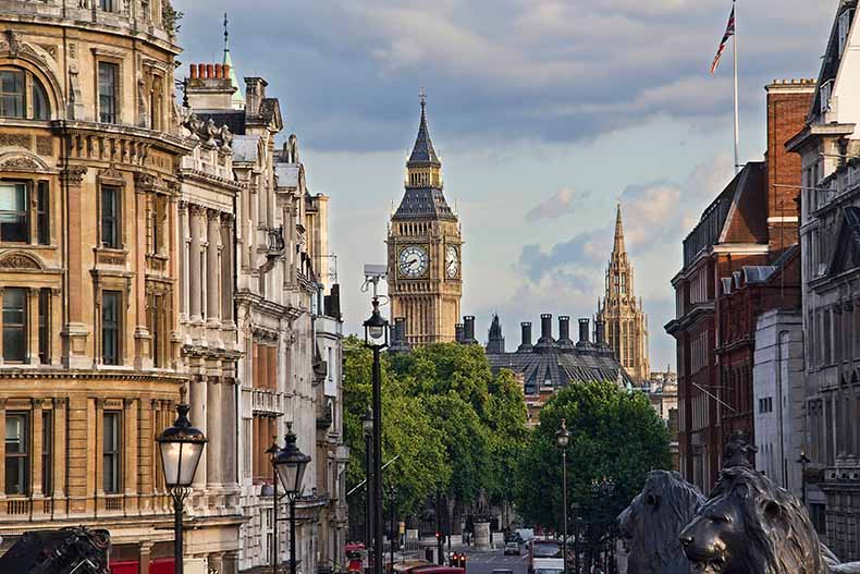 View from Trafalgar Square to Houses of Parliament and Big Ben 